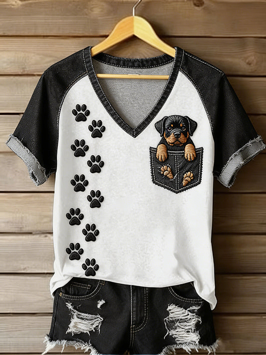 Women's Animal Art Pocket Dog Printed Vintage Fashion Loose Short Sleeve T-Shirt