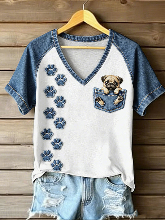 Women's Animal Art Pocket Dog Printed Vintage Fashion Loose Short Sleeve T-Shirt