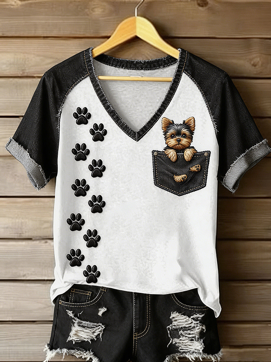 Women's Animal Art Pocket Dog Printed Vintage Fashion Loose Short Sleeve T-Shirt