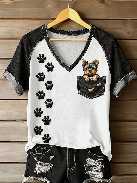 Women's Animal Art Pocket Dog Printed Vintage Fashion Loose Short Sleeve T-Shirt