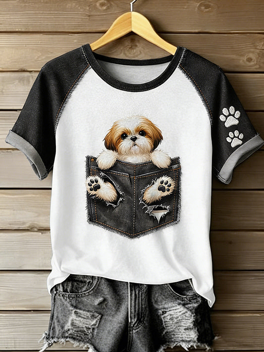 Women's Animal Art Pocket Dog Printed Vintage Fashion Loose Short Sleeve T-Shirt
