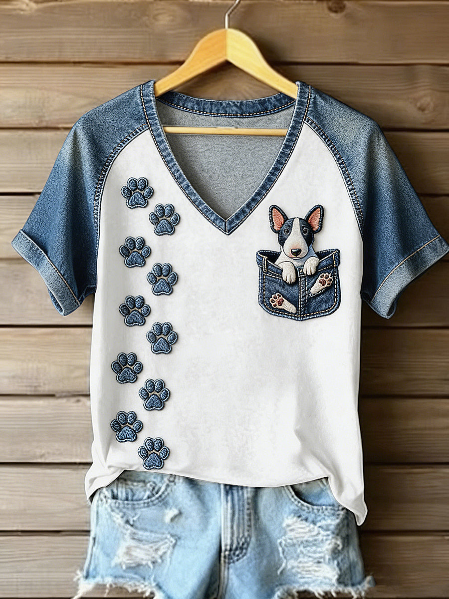 Women's Animal Art Pocket Dog Printed Vintage Fashion Loose Short Sleeve T-Shirt