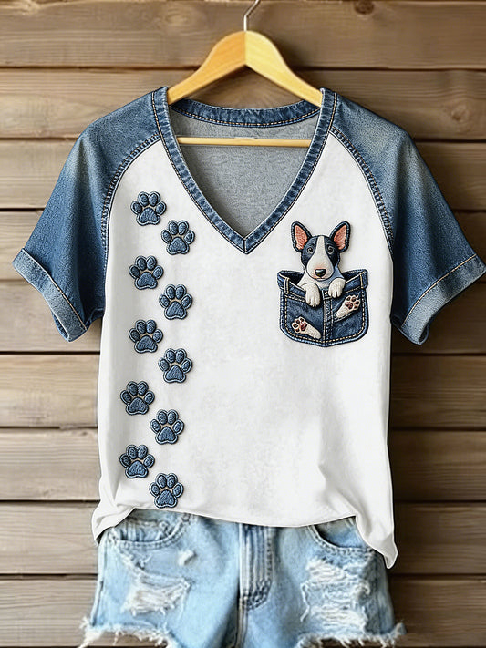 Women's Animal Art Pocket Dog Printed Vintage Fashion Loose Short Sleeve T-Shirt