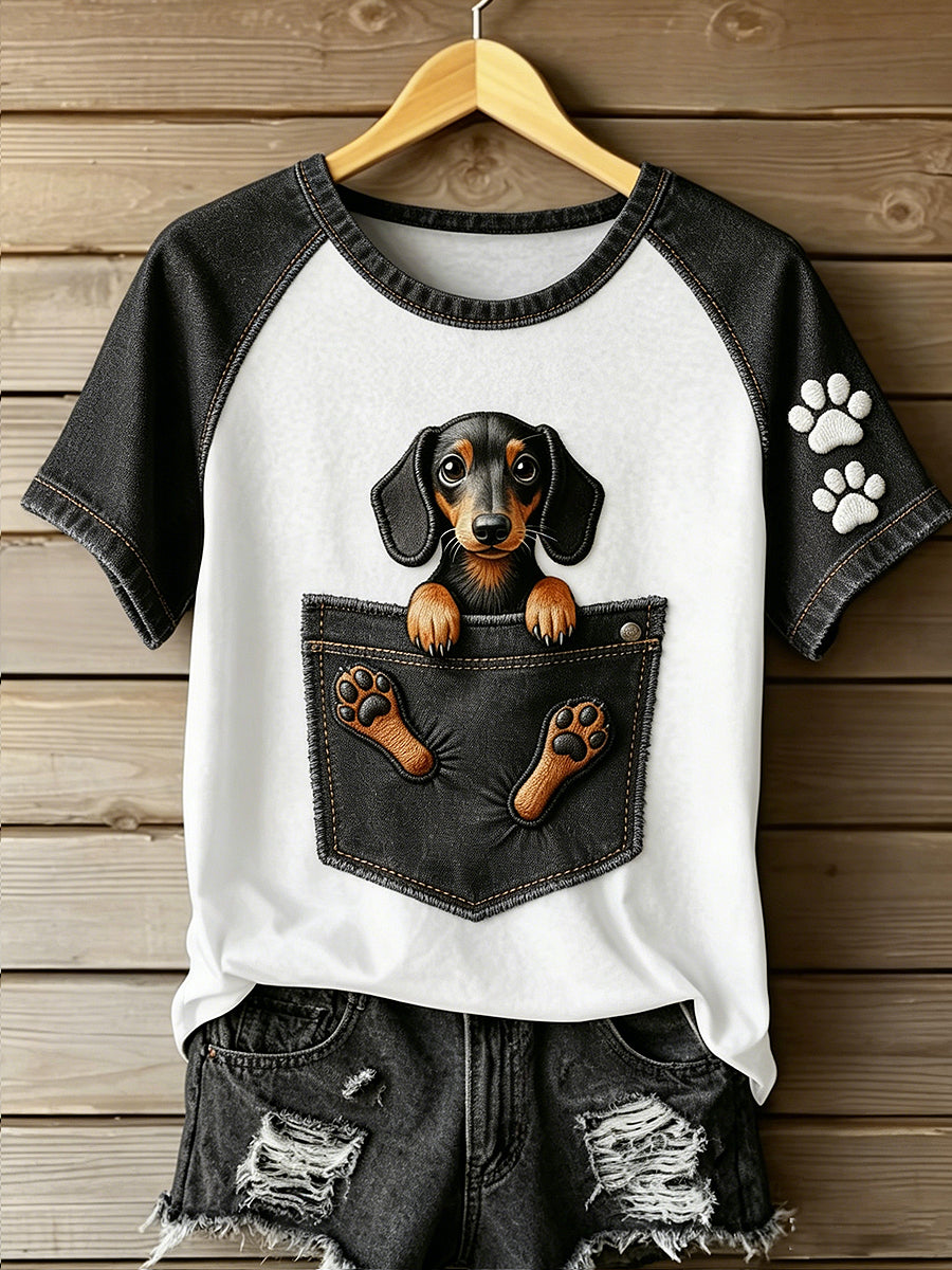 Women's Animal Art Pocket Dog Printed Vintage Fashion Loose Short Sleeve T-Shirt