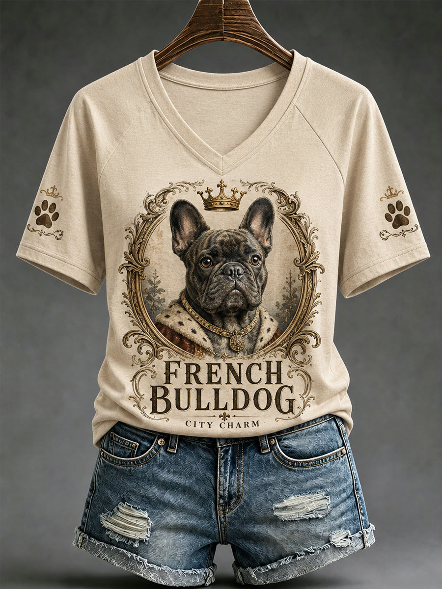 Women's Retro Dog Print Casual V-Neck Tee