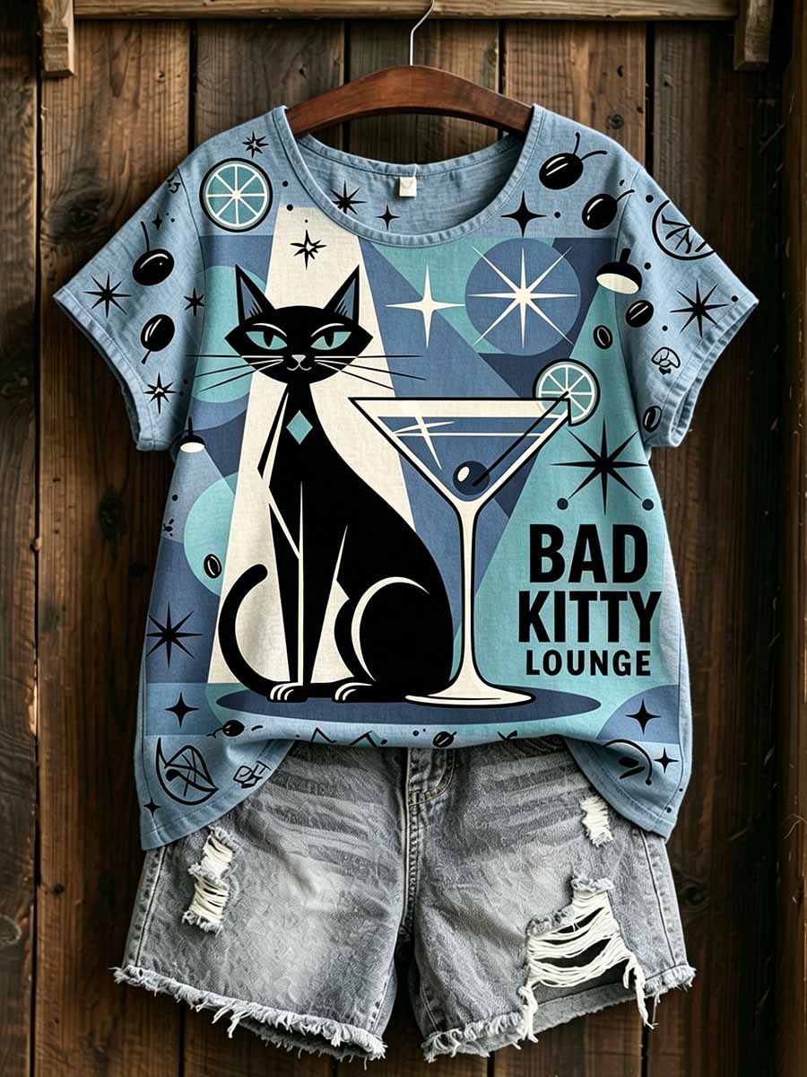 Women's Fun Geometric Cat Art Print T-Shirt