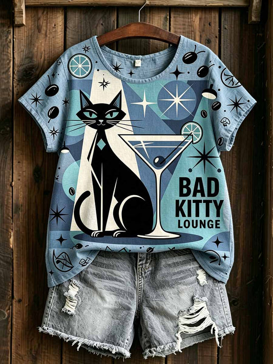 Women's Fun Geometric Cat Art Print T-Shirt