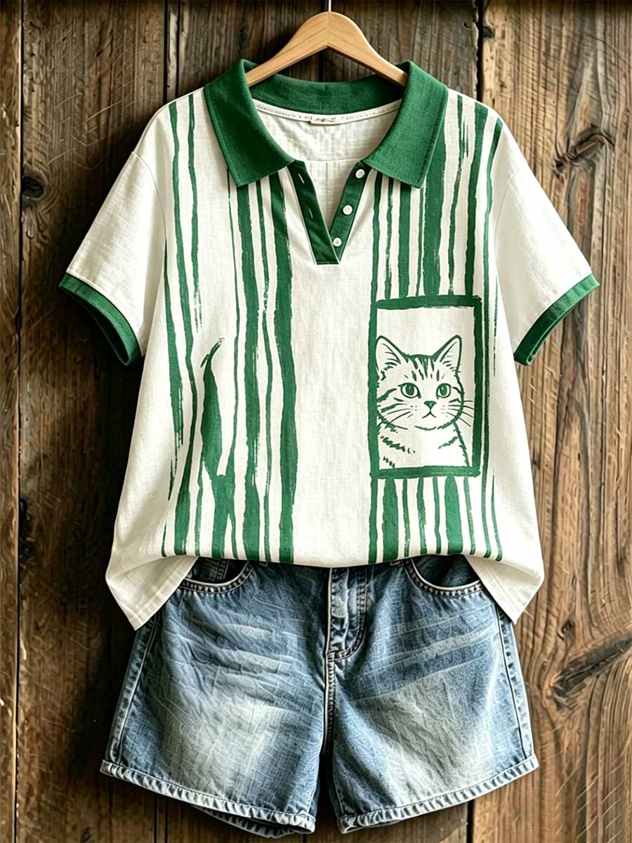 Women's Fashion Cat  Art Print Polo Shirt
