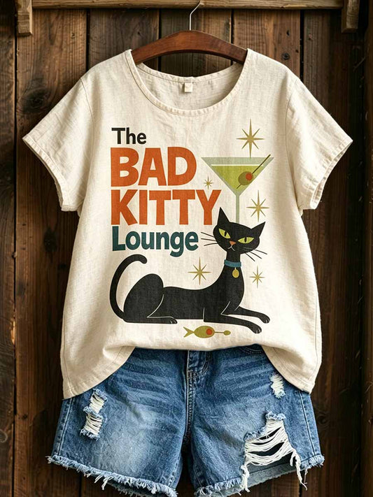 Women's Fun Geometric Cat Art Print T-Shirt