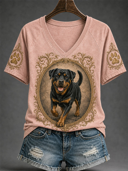 Women's Retro Dog Print Casual V-Neck Tee