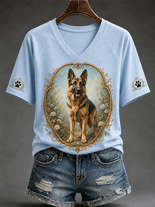 Women's Retro Dog Print Casual V-Neck Tee