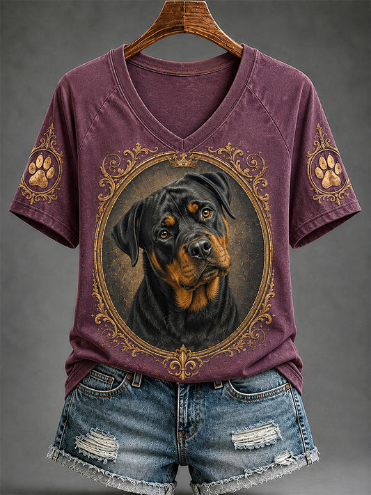 Women's Retro Dog Print Casual V-Neck Tee