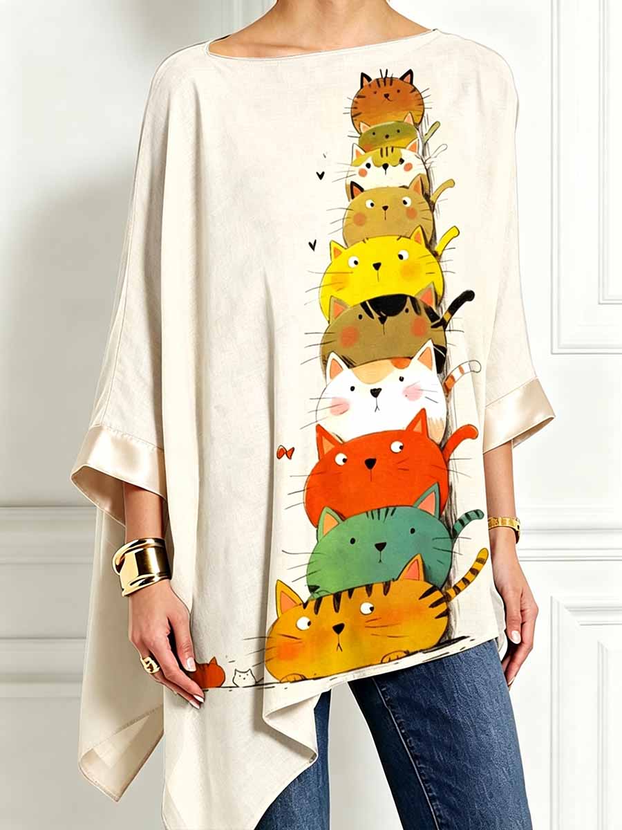 Women's Modern Graffiti Style Cat Print Irregular Hem Long Sleeve Top