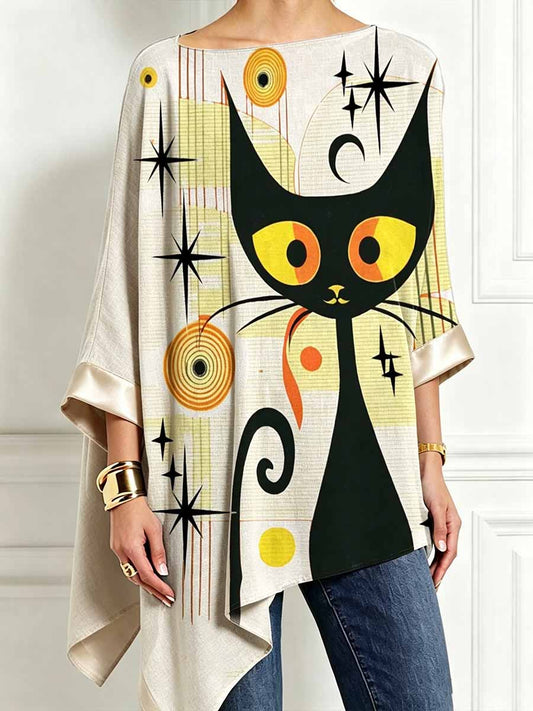 Women's Midcentury Modern Cat Printed Irregular Hem Long Sleeve Top