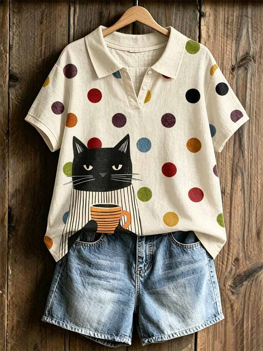 Women's Modern Graffiti Style Cat Print Polo Shirt