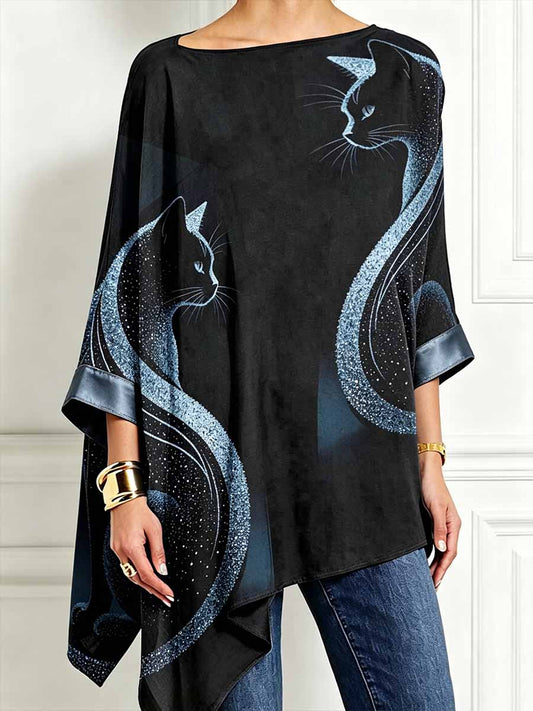 Women's Modern Graffiti Style Cat Print Irregular Hem Long Sleeve Top