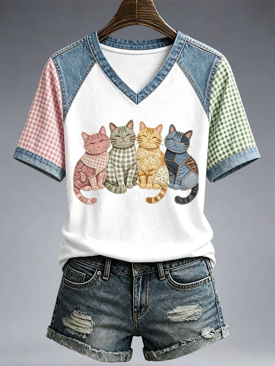 Women's Lovely Cat Patchwork Art T-Shirt