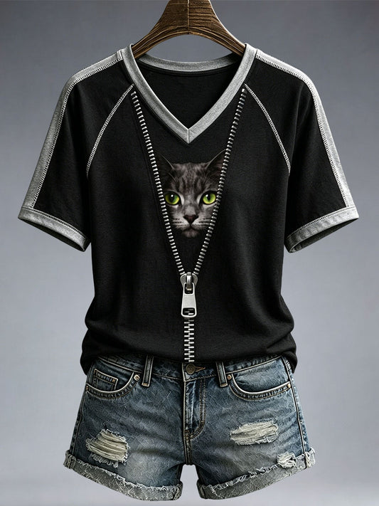 Women's Funny Cat V-Neck T-Shirt