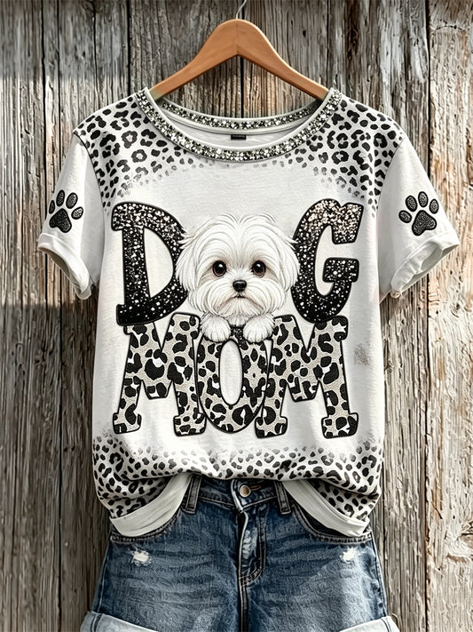 Women's Peeking Maltese Dog Mom Paw Prints Leopard Print short-sleeved T-shirt