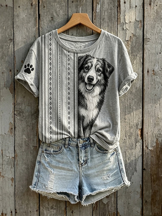 Women's Sheepdog Peeking Print Short-sleeved T-shirt