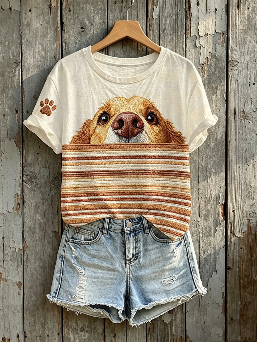 Women's Golden Retriever Peeking Print Short-sleeved T-shirt