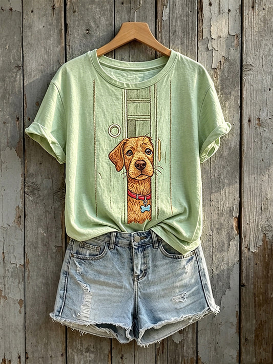 Women's Cute Golden Retriever Peeking Print Short-sleeved T-shirt