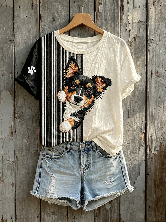 Women's Cute Chihuahua Peeking Print Short-sleeved T-shirt