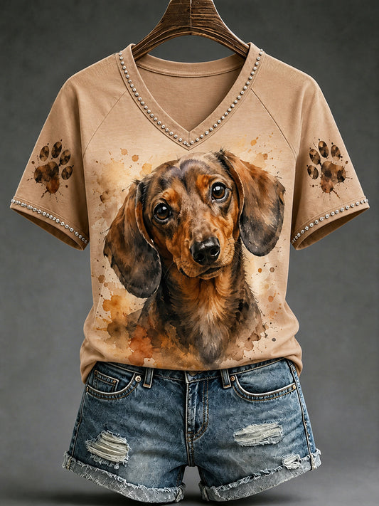 Women's Cute Watercolor Dog Print Gift For Pet Lovers Casual V-Neck Tee
