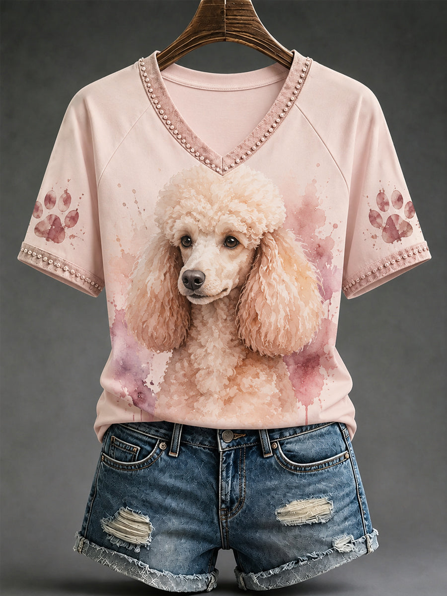 Women's Cute Watercolor Dog Print Gift For Pet Lovers Casual V-Neck Tee