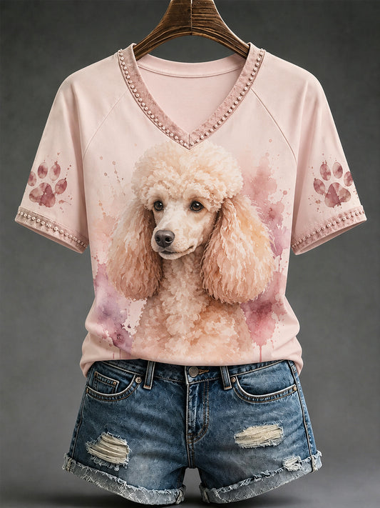 Women's Cute Watercolor Dog Print Gift For Pet Lovers Casual V-Neck Tee