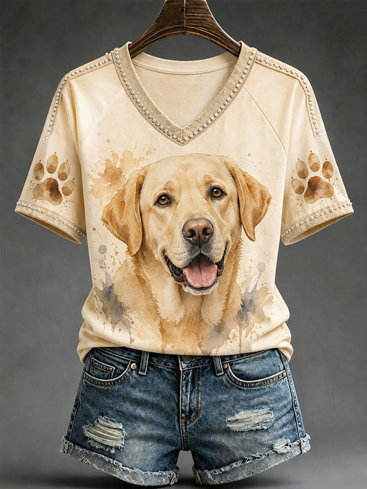 Women's Cute Watercolor Dog Print Gift For Pet Lovers Casual V-Neck Tee