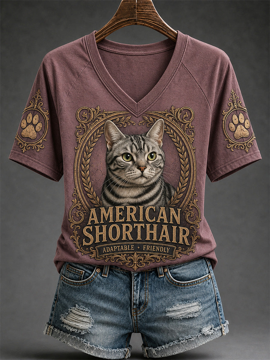 Women's Retro Cat Print Casual V-Neck Tee