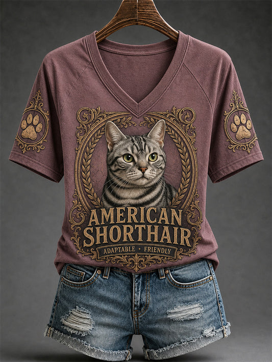 Women's Retro Cat Print Casual V-Neck Tee