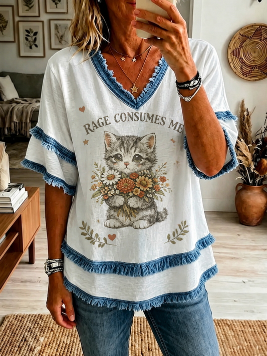 Women's Cat Printed Cotton-Linen Shirt