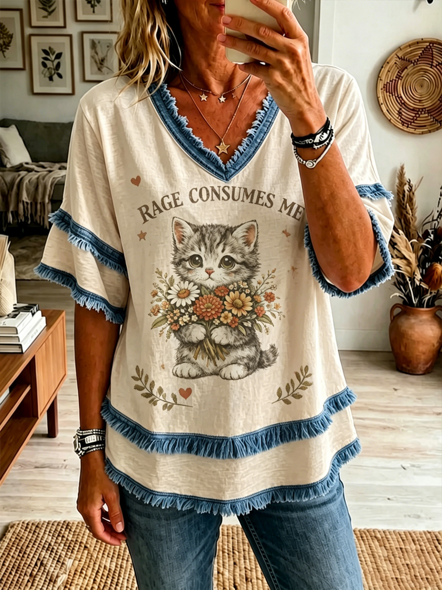 Women's Cat Printed Cotton-Linen Shirt