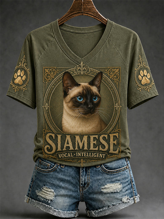 Women's Retro Cat Print Casual V-Neck Tee