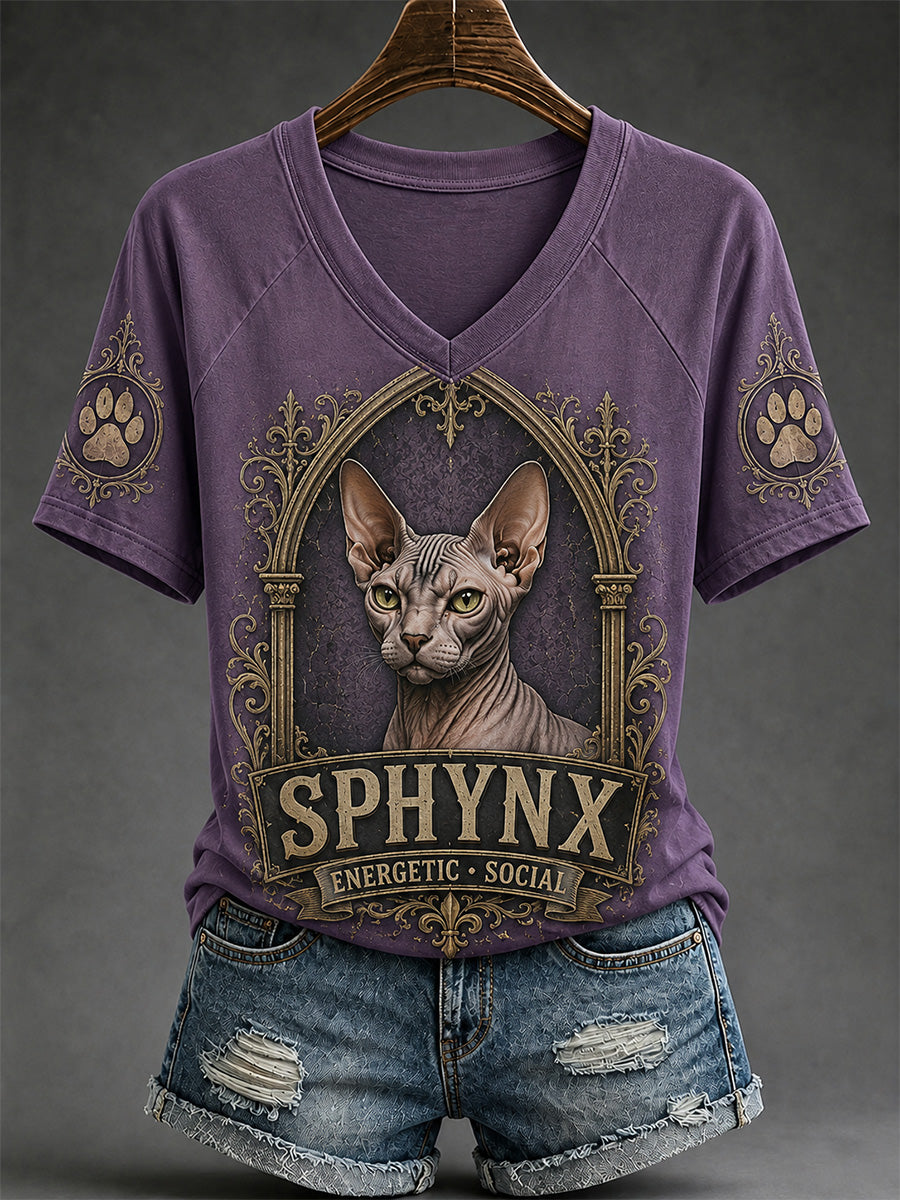 Women's Retro Cat Print Casual V-Neck Tee