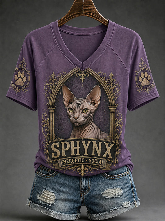 Women's Retro Cat Print Casual V-Neck Tee