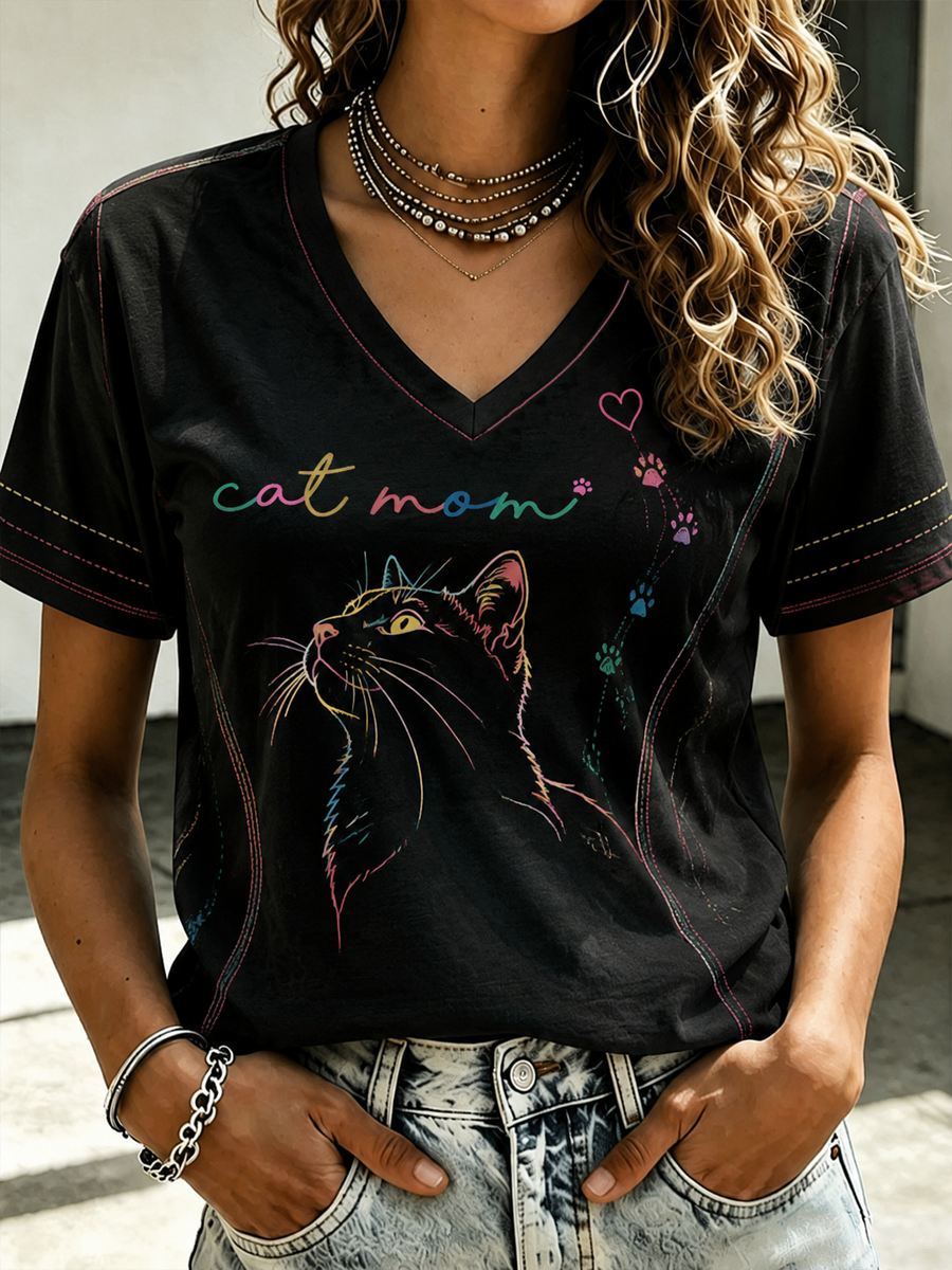 Women's Cat Printed short-sleeved T-shirt