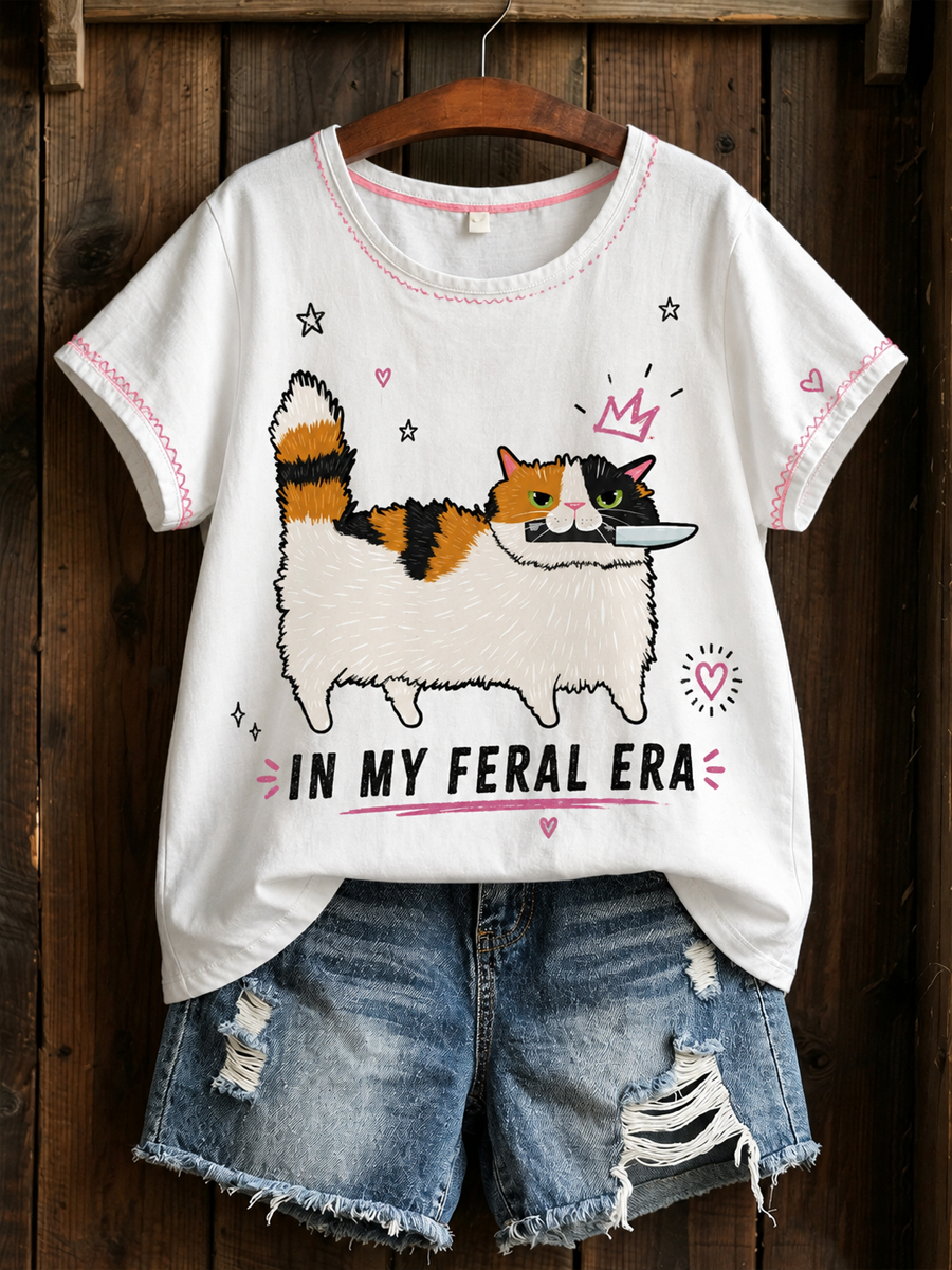 Women's Cat Printed linen short-sleeved T-shirt