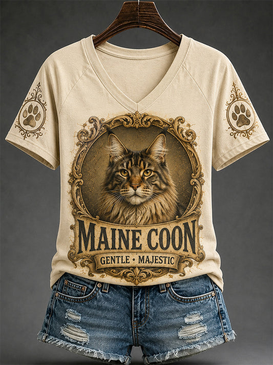 Women's Retro Cat Print Casual V-Neck Tee