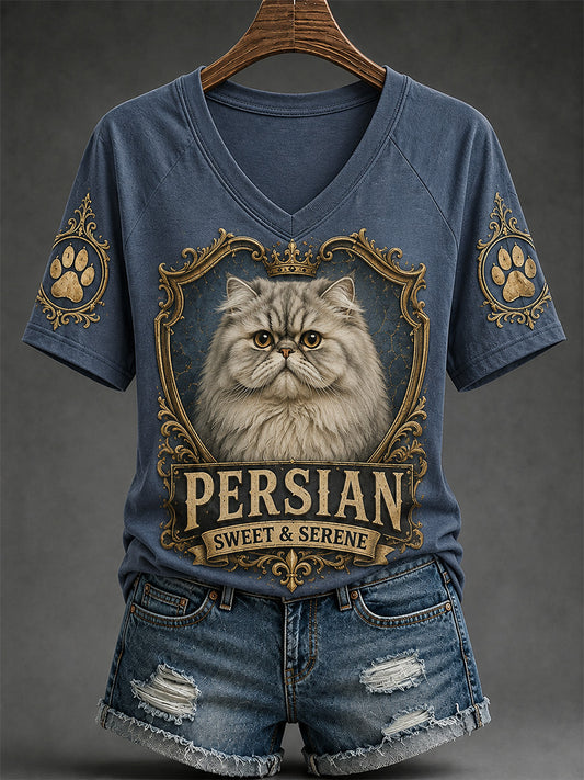 Women's Retro Cat Print Casual V-Neck Tee