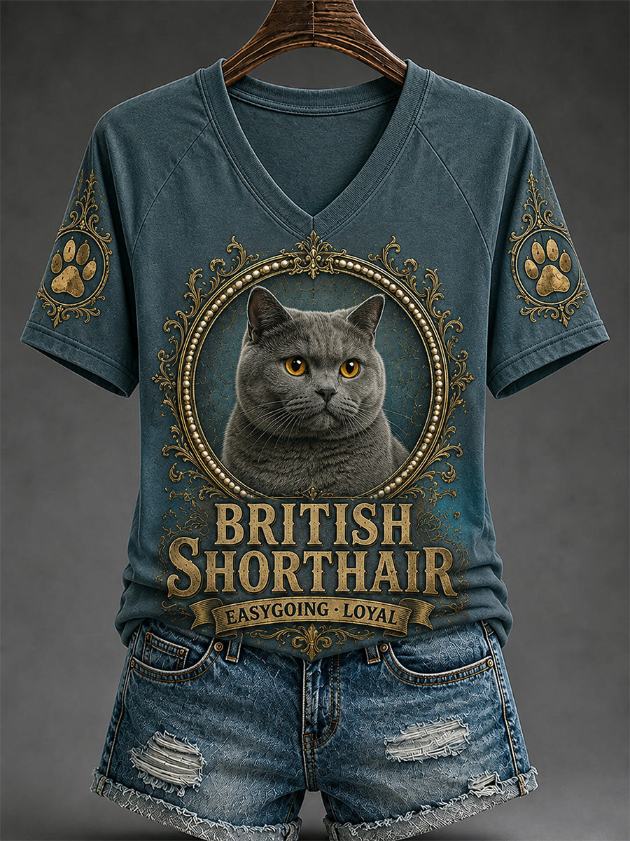 Women's Retro Cat Print Casual V-Neck Tee