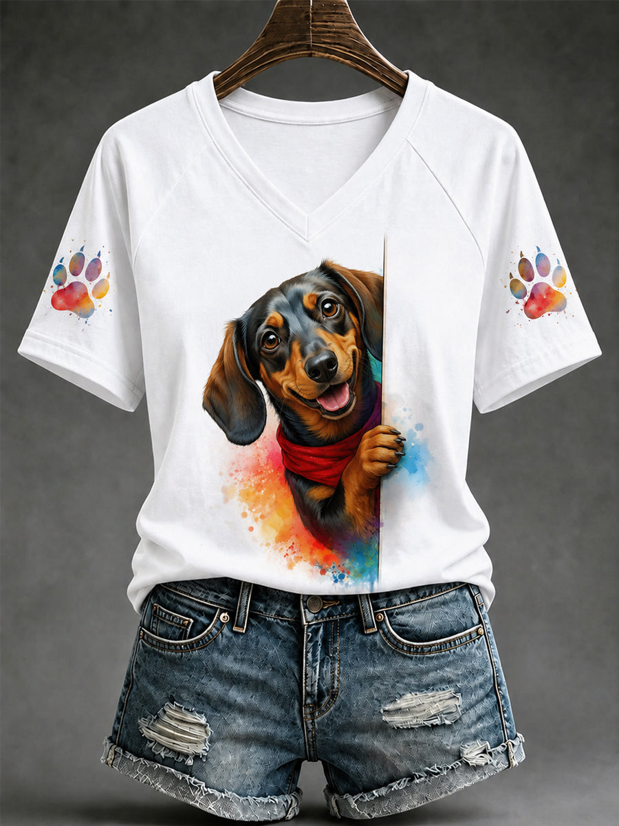 Women's Cute Dog Print Gift For Pet Lovers Casual V-Neck Tee