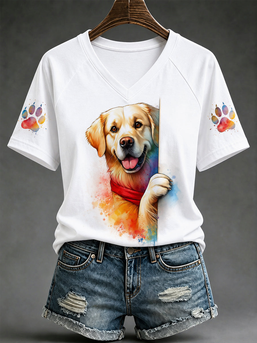Women's Cute Dog Print Gift For Pet Lovers Casual V-Neck Tee