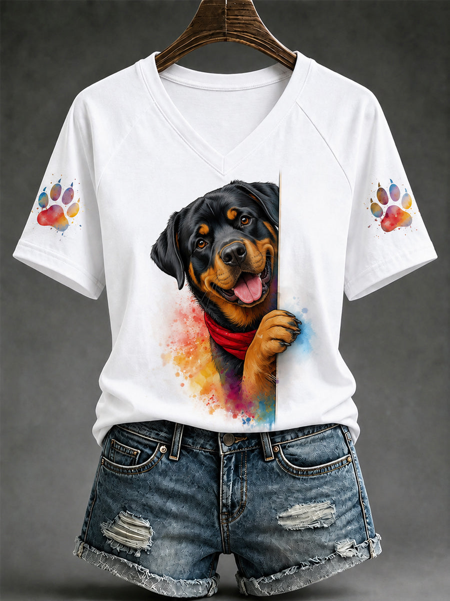 Women's Cute Dog Print Gift For Pet Lovers Casual V-Neck Tee