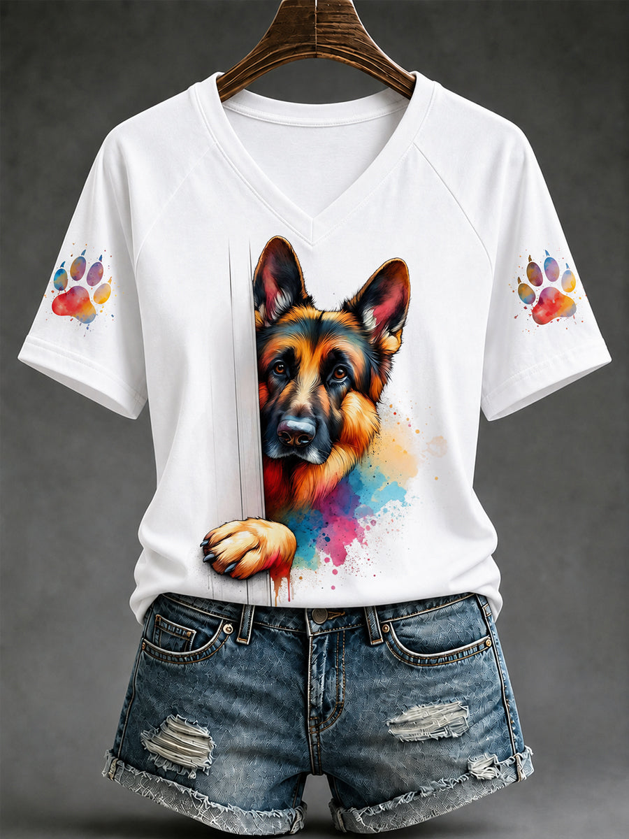 Women's Cute Dog Print Gift For Pet Lovers Casual V-Neck Tee