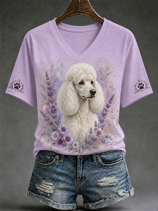 Women's Retro Dog Print Casual V-Neck Tee