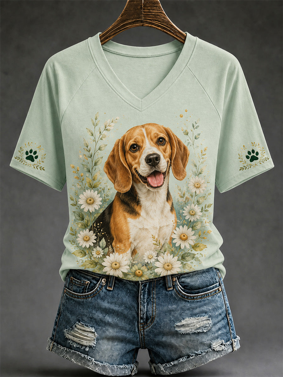Women's Retro Dog Print Casual V-Neck Tee