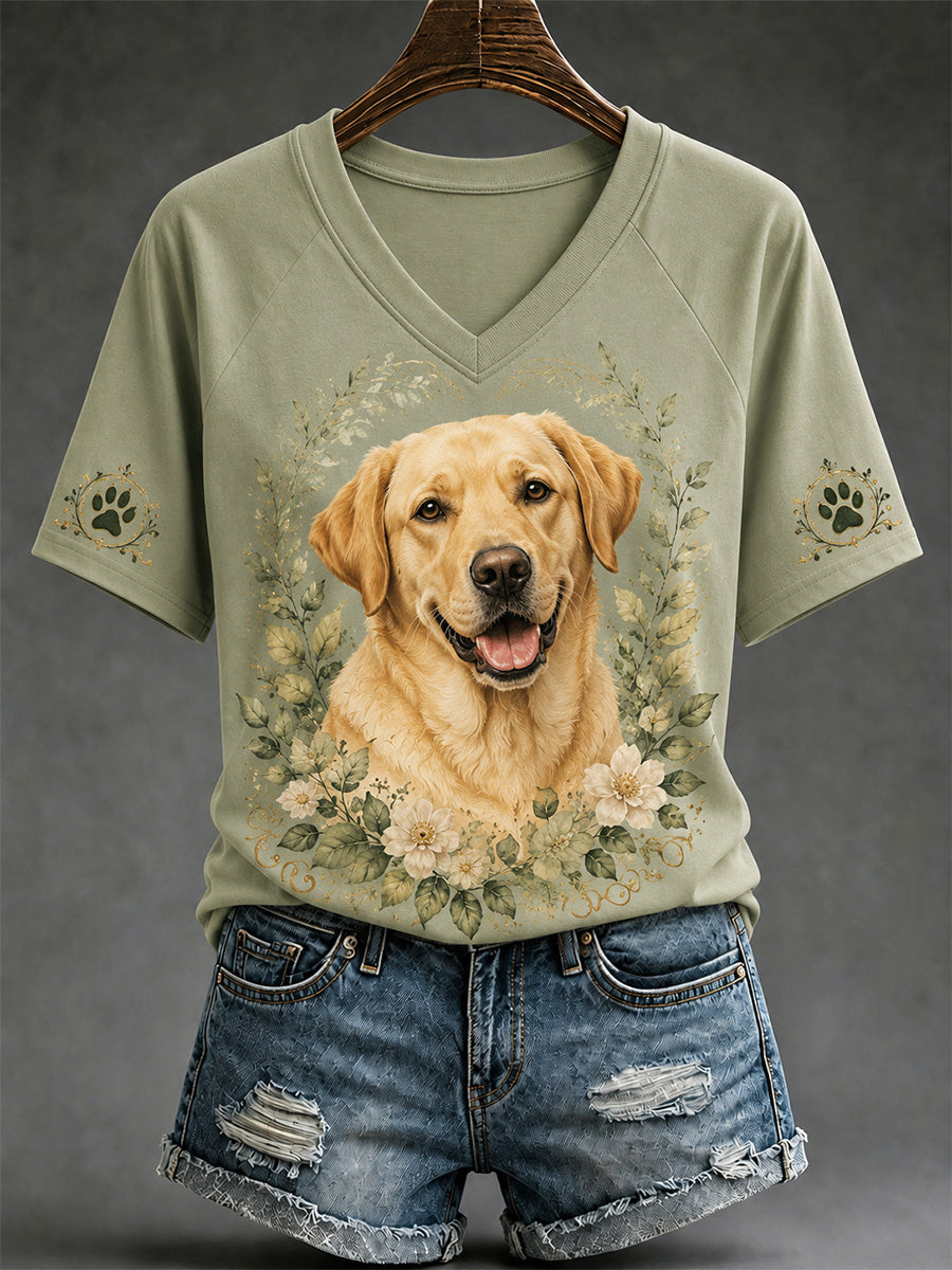 Women's Retro Dog Print Casual V-Neck Tee